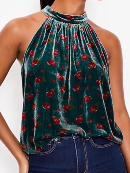 LOFT Tops - LOFT Teal Velvet Halter Tank with Red Rose Print NWT